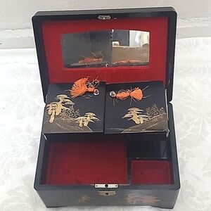 Vintage Japanese Lacquer Jewelry Box Rosewood Brass Inlay Red Velvet Mid Century